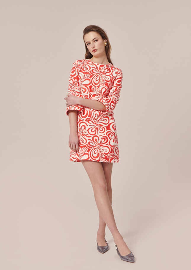 Rivanna ecru with coral graphic design cotton dress Coral TARA JARMON