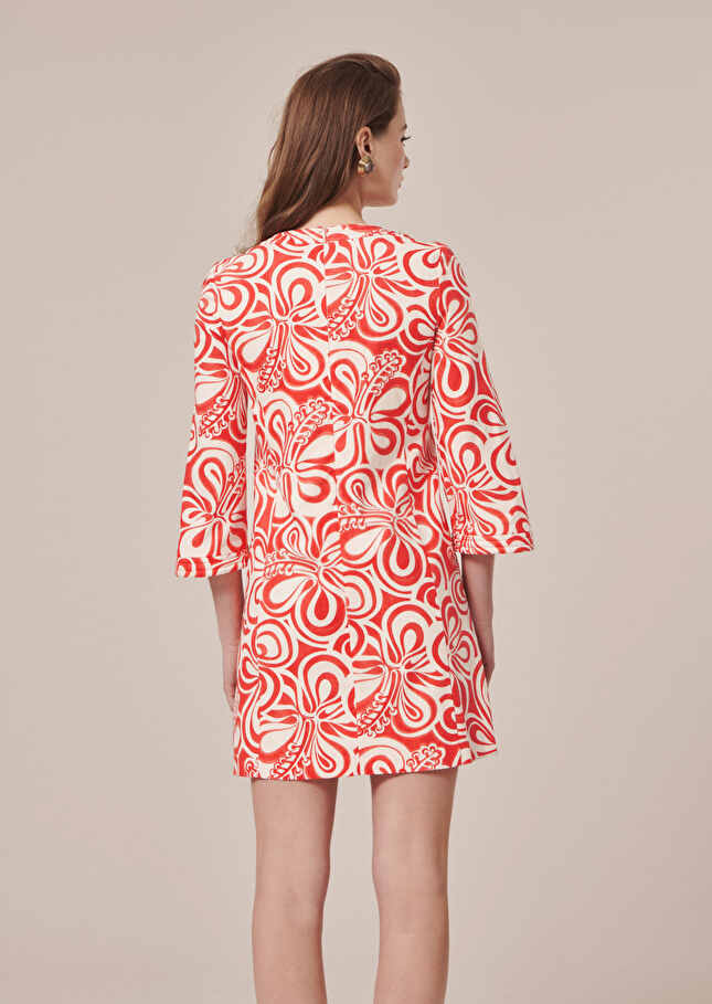 Rivanna ecru with coral graphic design cotton dress Coral TARA JARMON