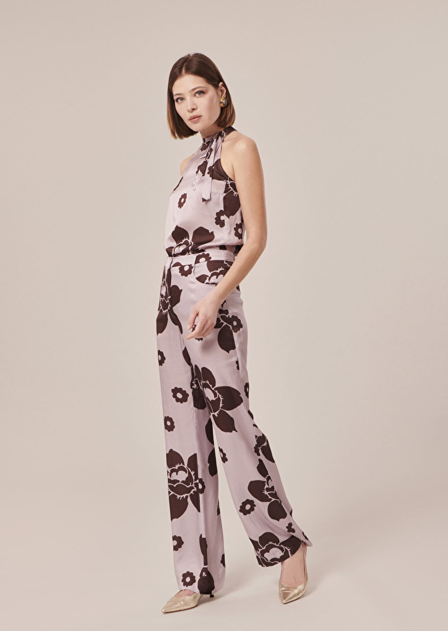 Top Tierri violet imprimé fleuri en satin Parme TARA JARMON