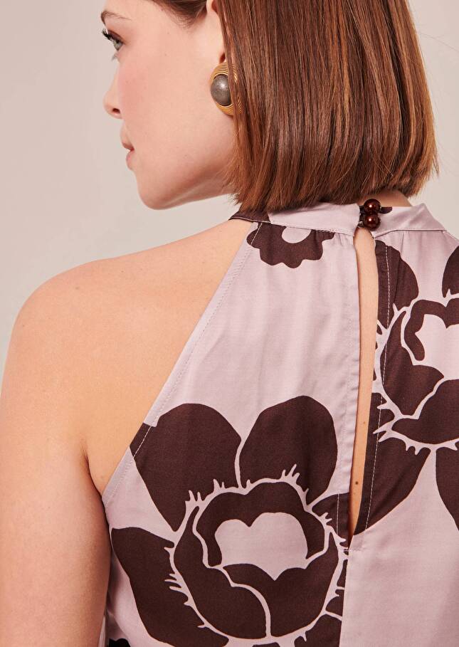 Top Tierri violet imprimé fleuri en satin Parme TARA JARMON