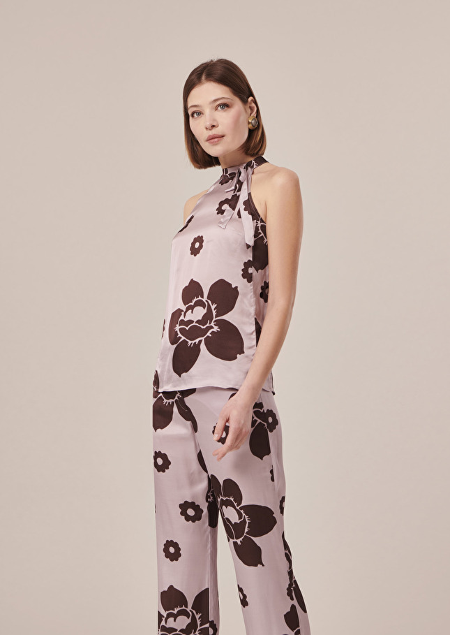 Top Tierri violet imprimé fleuri en satin Parme TARA JARMON