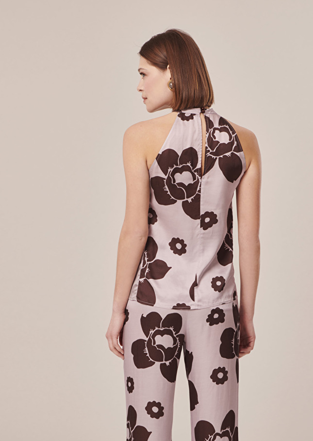 Top Tierri violet imprimé fleuri en satin Parme TARA JARMON
