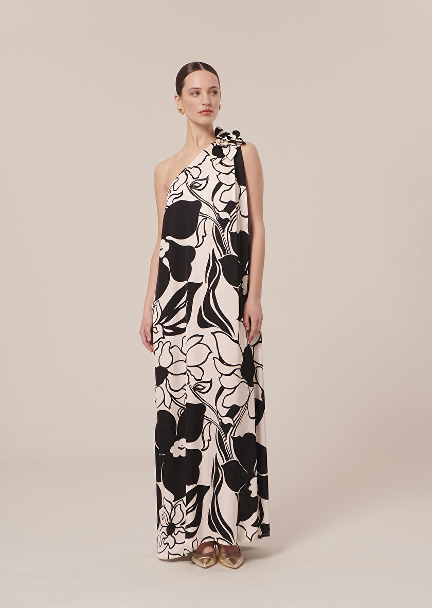 Robe Rekia écrue imprimée à fleurs noires Craie TARA JARMON