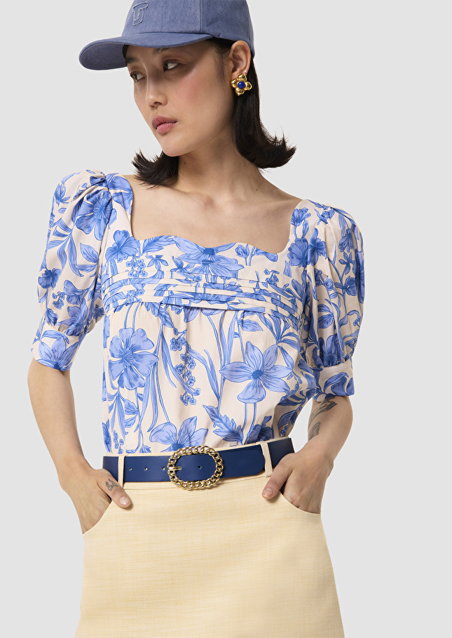 Top Talma écru imprimé fleurs bleues Champagne TARA JARMON