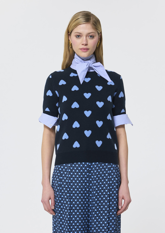 Pull Polla bleu nuit en jacquard coeurs Nuit TARA JARMON