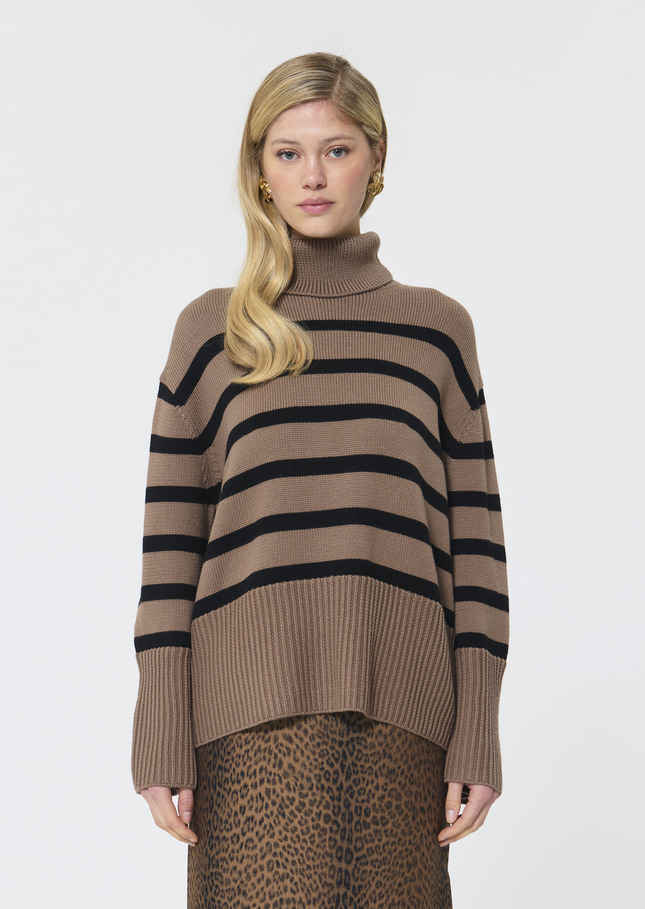 Pull Pacome beige à rayures noires en laine Taupe TARA JARMON