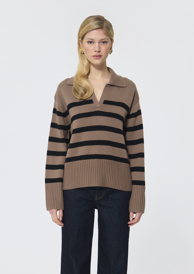 Pull Paola beige à rayures noires en laine Taupe TARA JARMON