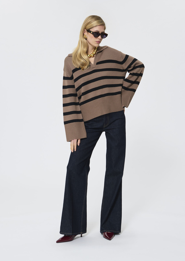 Pull Paola beige à rayures noires en laine Taupe TARA JARMON
