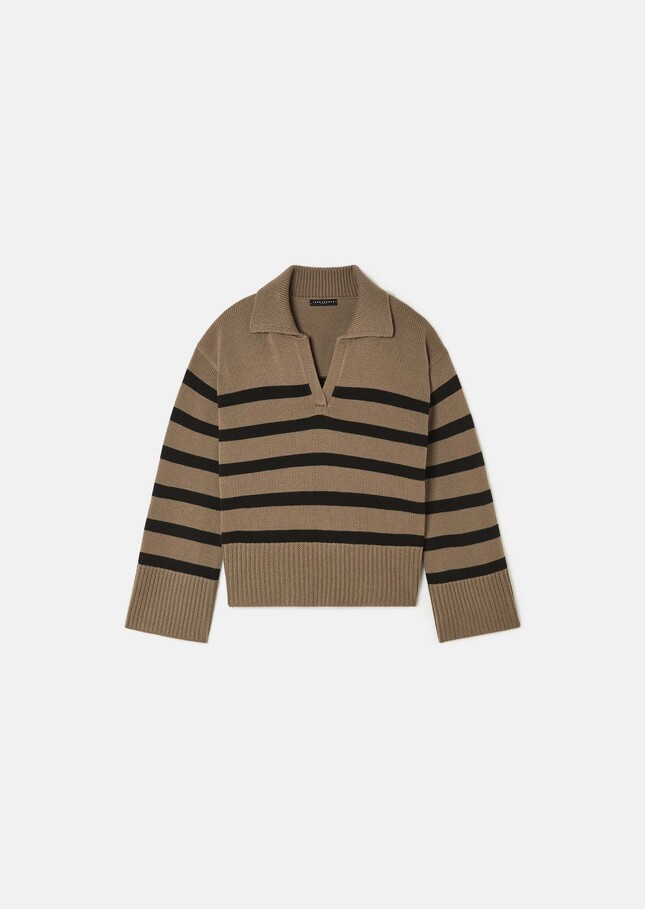 Pull Paola beige à rayures noires en laine Taupe TARA JARMON