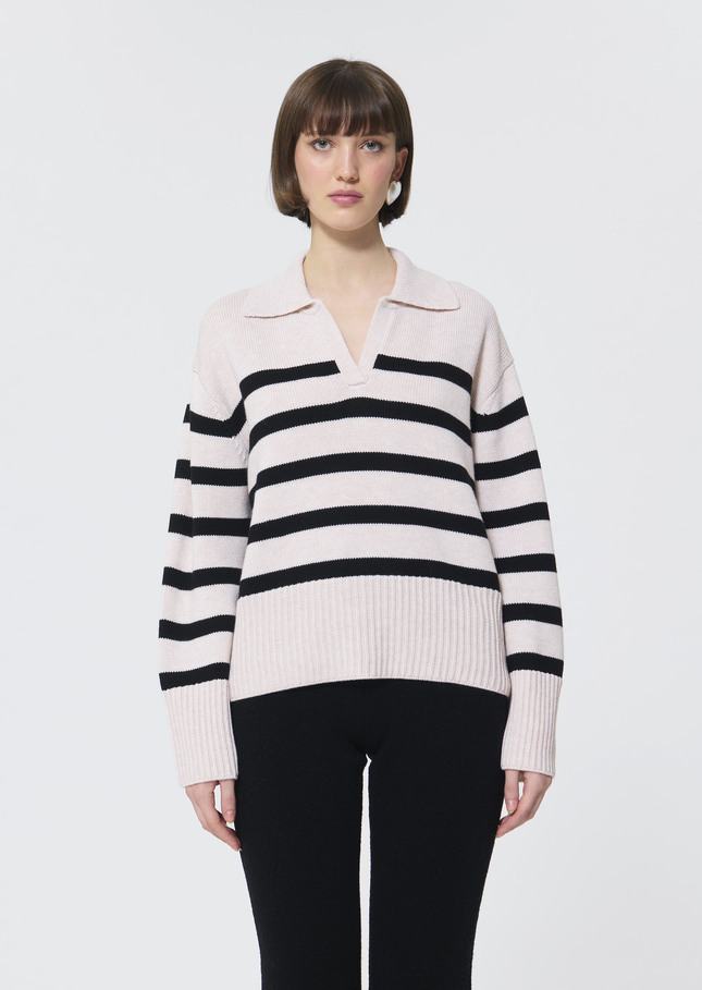 Pull Paola écru à rayures noires en laine Ecru TARA JARMON