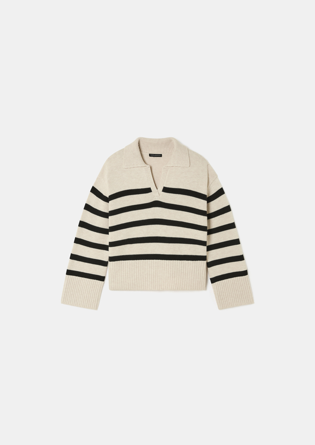 Pull Paola écru à rayures noires en laine Ecru TARA JARMON