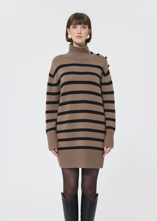 Robe pull Roccio beige à rayures noires en laine Taupe TARA JARMON