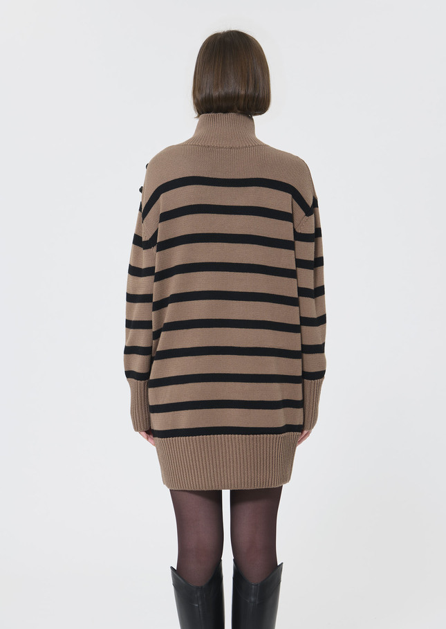 Robe pull Roccio beige à rayures noires en laine Taupe TARA JARMON