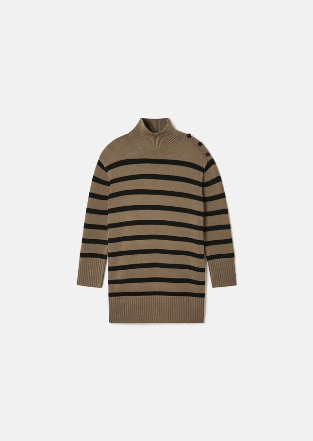 Robe pull Roccio beige à rayures noires en laine Taupe TARA JARMON
