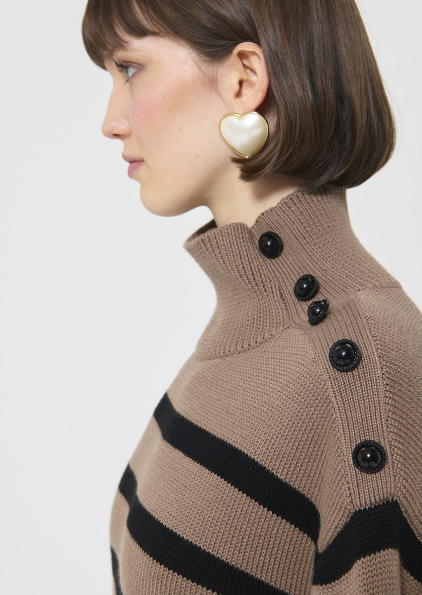 Robe pull Roccio beige à rayures noires en laine Taupe TARA JARMON