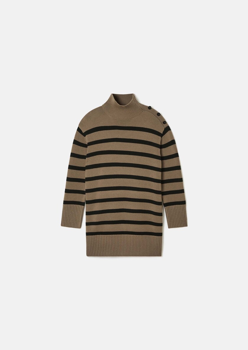 Robe pull Roccio beige à rayures noires en laine Taupe TARA JARMON