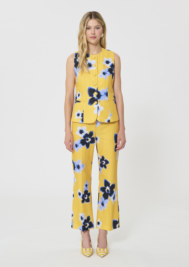 Gilet Giovanni jaune imprimé fleurs en lin et coton Mimosa TARA JARMON
