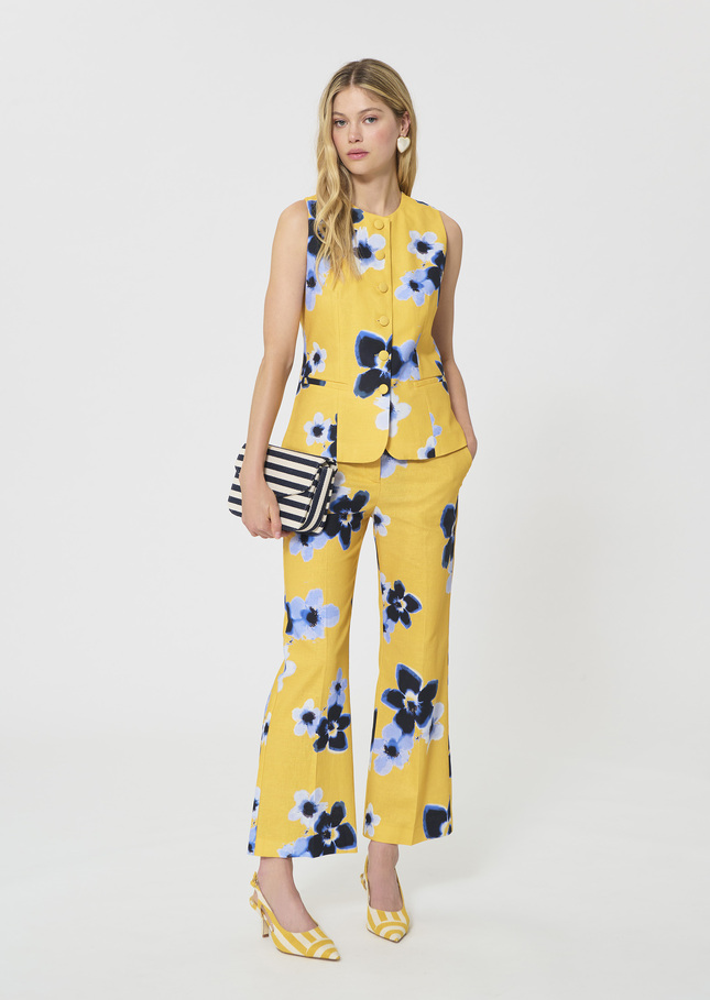 Gilet Giovanni jaune imprimé fleurs en lin et coton Mimosa TARA JARMON