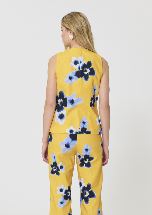 Gilet Giovanni jaune imprimé fleurs en lin et coton Mimosa TARA JARMON