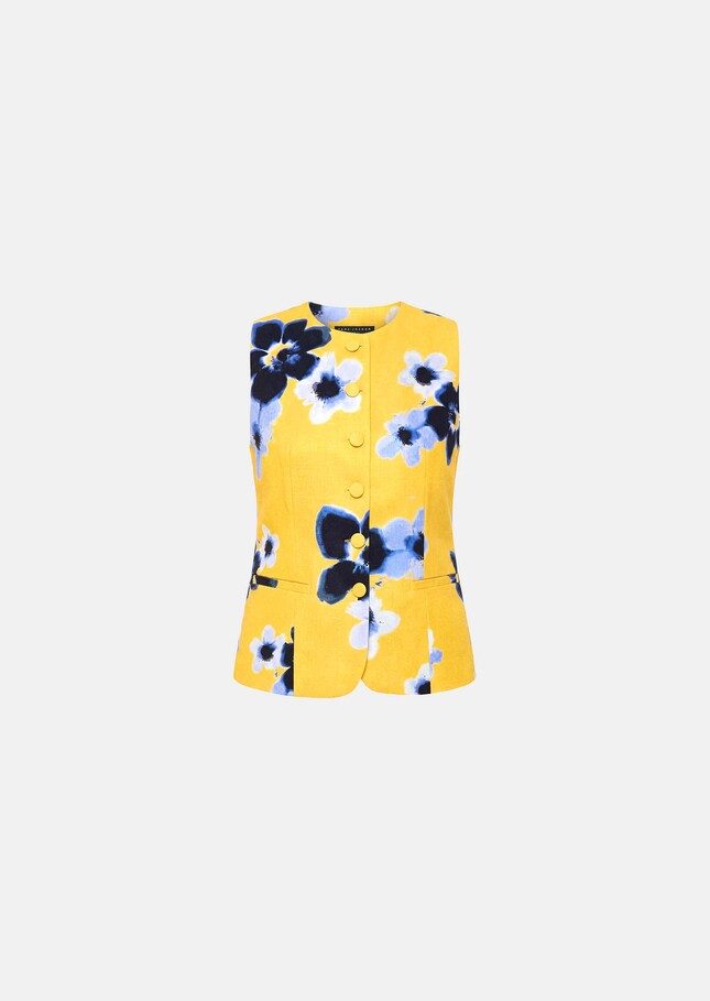 Gilet Giovanni jaune imprimé fleurs en lin et coton Mimosa TARA JARMON