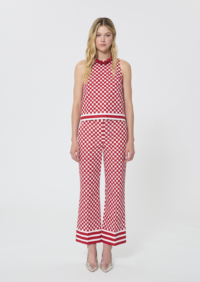 Pantalon Pietro rouge motif damier en lin Cerise TARA JARMON