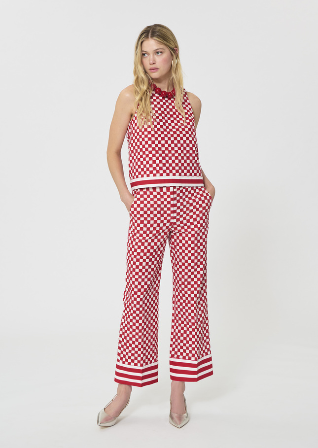 Pantalon Pietro rouge motif damier en lin Cerise TARA JARMON