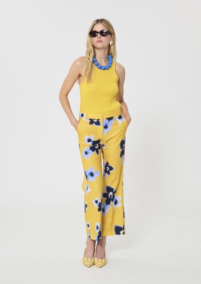 Pantalon Pampille jaune imprimé fleurs en lin et coton Mimosa TARA JARMON