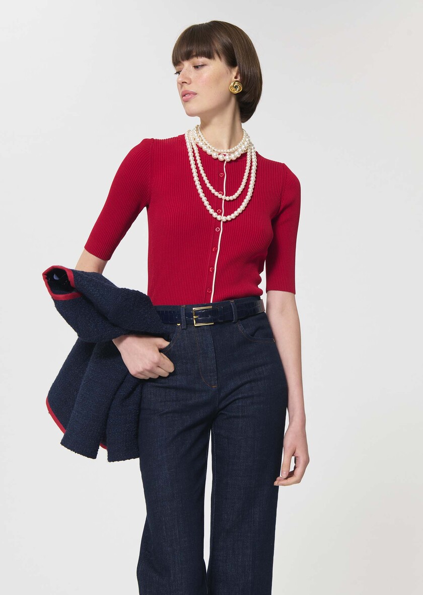 Gilet Gipsy rouge en maille côtelée Cerise TARA JARMON