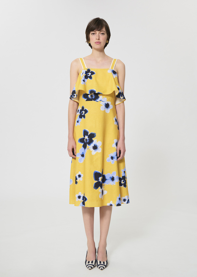 Robe Rosace jaune imprimé fleurs en lin et coton Mimosa TARA JARMON