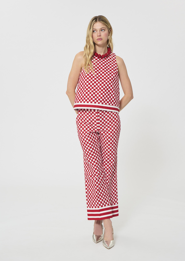 Top Tiffany rouge motif damier en lin Cerise TARA JARMON